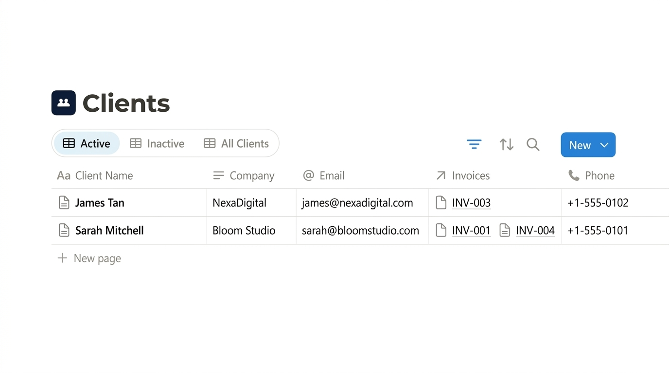Clients database view showing contact information and relationship status in Notion