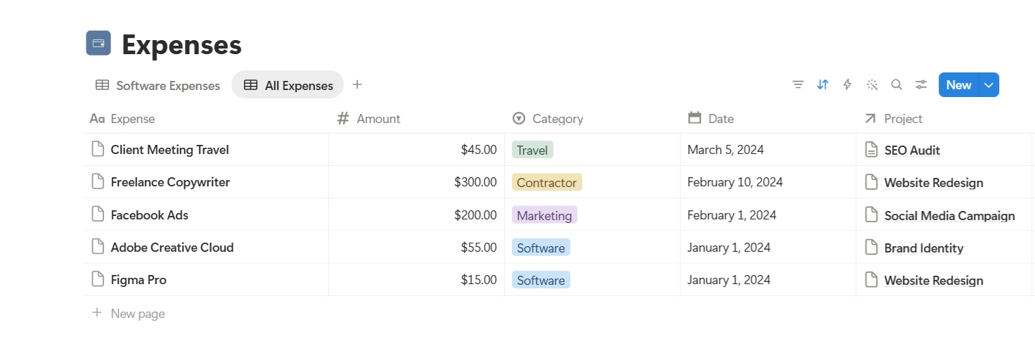 Expenses database view showing categorized business spending in Notion
