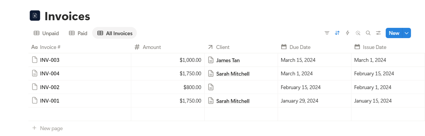 Invoices database view showing payment status and amounts in Notion