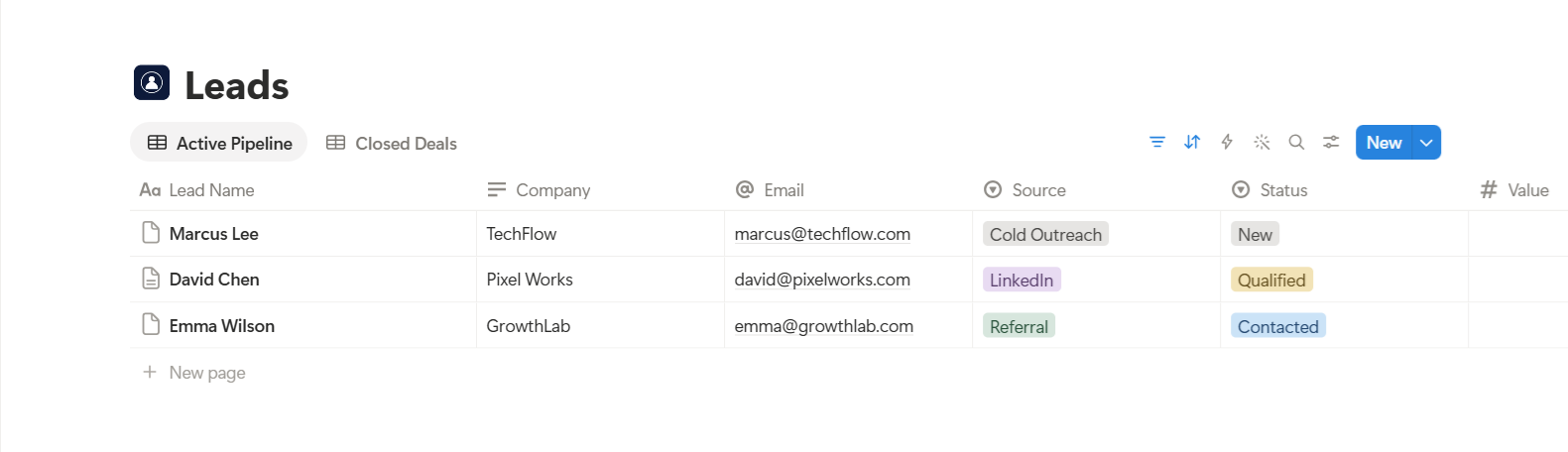Leads database view showing prospect tracking pipeline in Notion